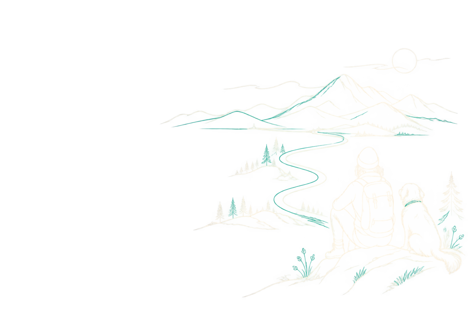 Minimal line illustration of a traveler and dog facing a mountain trail